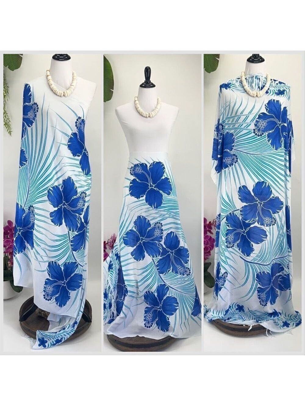 Hawaiian Floral Hibiscus Blue & WhiteMAXI SARONG Kīkepa Pareo Beach Wrap Skirt